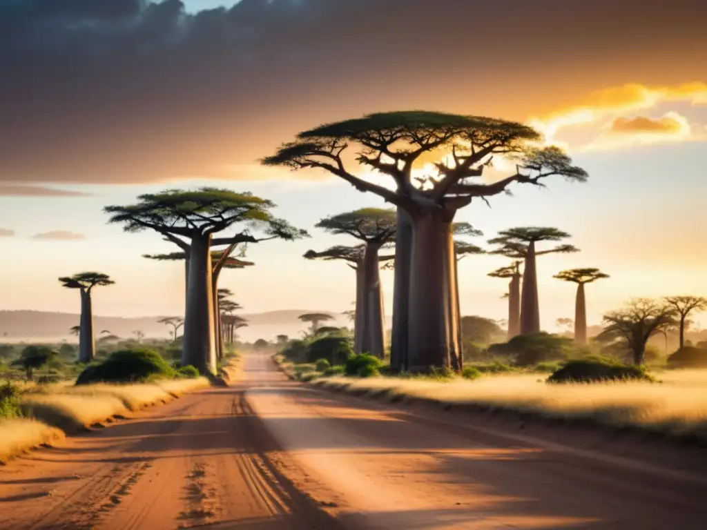 Un atardecer mágico en la icónica Avenida de los Baobabs en Madagascar