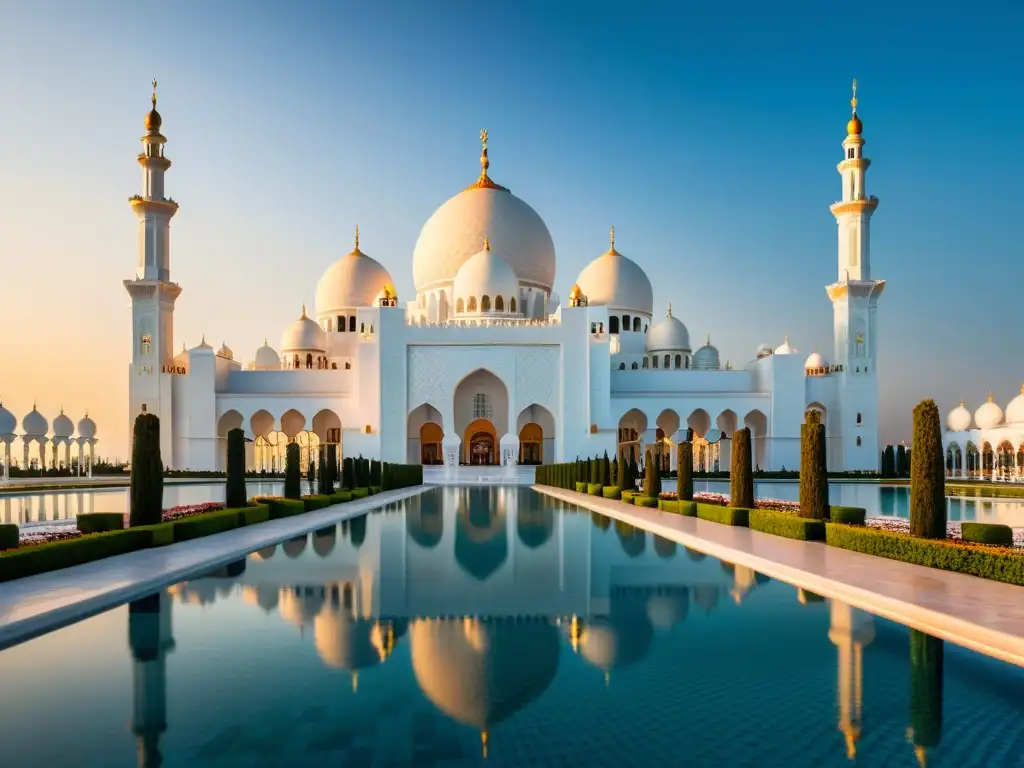 Un atardecer en la majestuosa Mezquita Sheikh Zayed en Abu Dhabi, fusionando diseño islámico tradicional con principios arquitectónicos contemporáneos