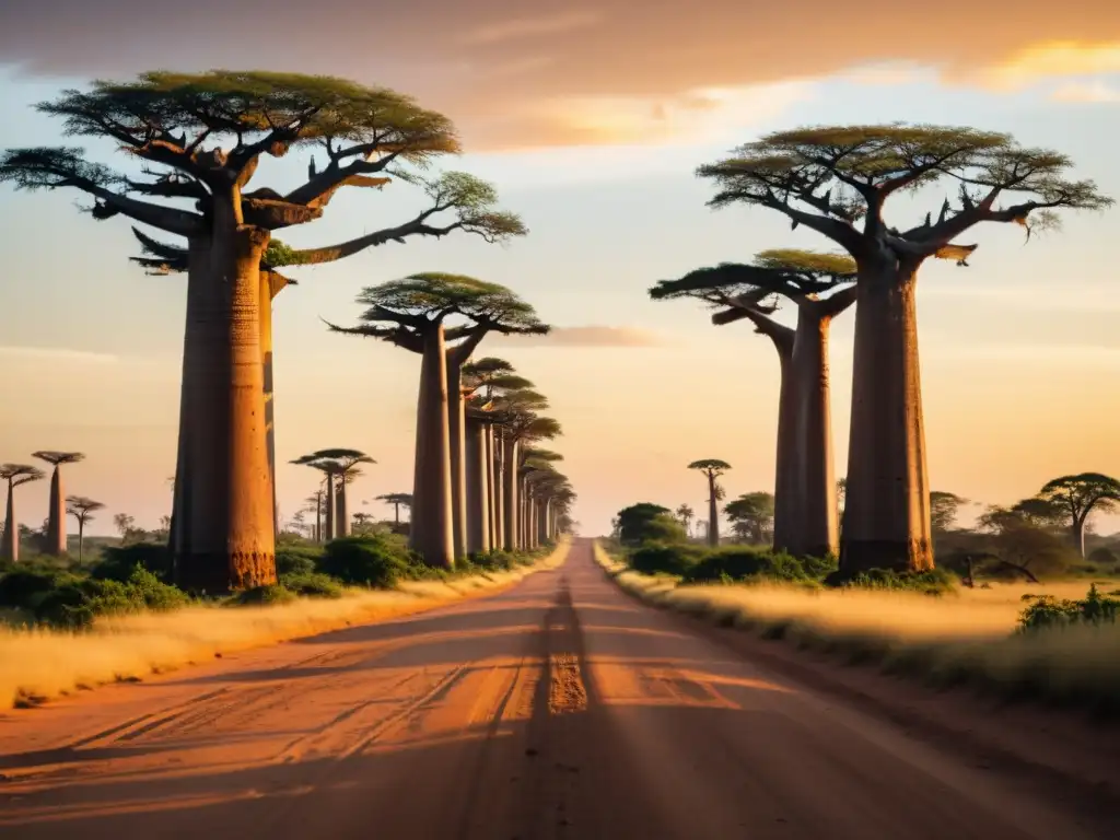 Un atardecer vibrante en el icónico Avenue of the Baobabs, Madagascar