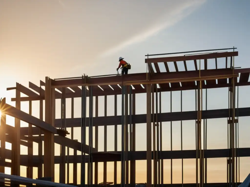 Avance tecnológico en construcción con madera laminada cruzada al atardecer