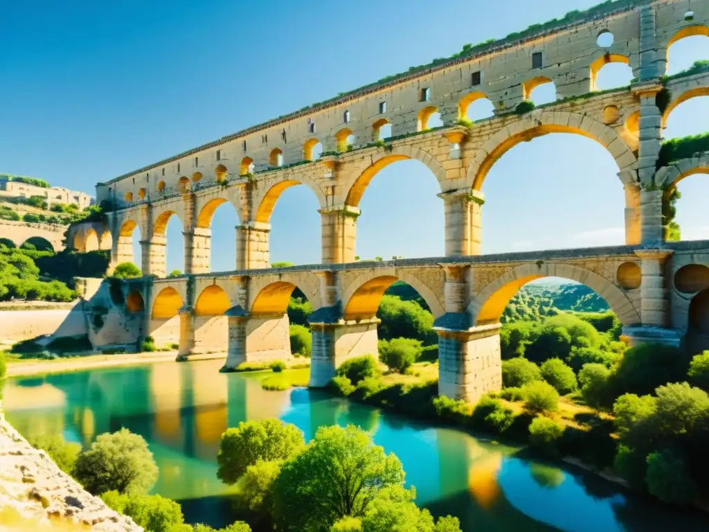 Avances en la arquitectura romana: Pont du Gard, antiguo acueducto en paisaje exuberante, bañado por cálida luz dorada