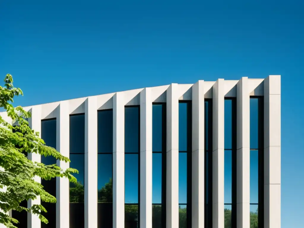 Avances en concreto sostenible: Fotografía en blanco y negro de un moderno edificio sostenible, resaltando su diseño ecológico y la integración de la naturaleza en la arquitectura urbana