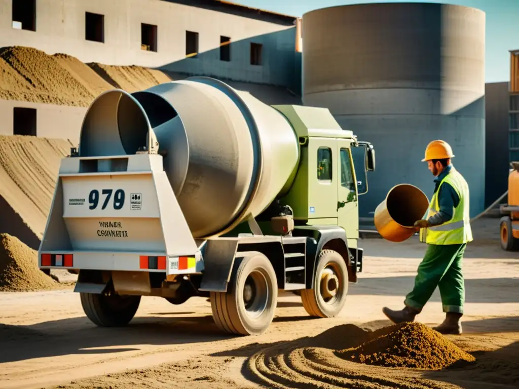 Avances en concreto sostenible: Trabajadores en atuendo retro vierten una mezcla ecológica en moldes, evocando la evolución histórica del concreto