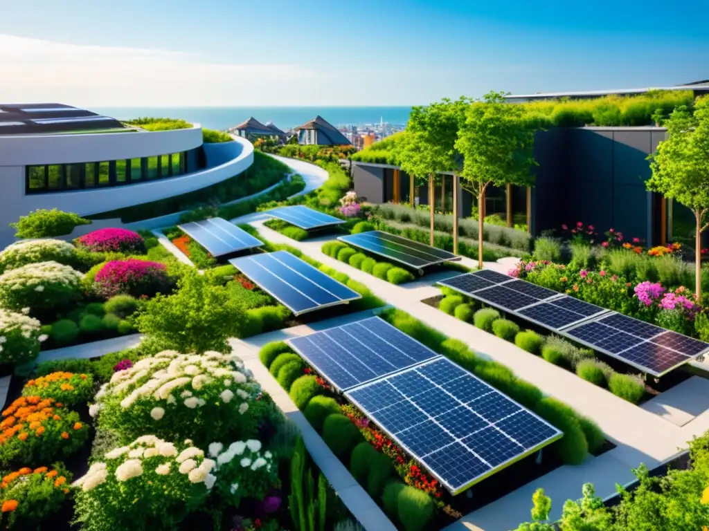 Un jardín en la azotea rebosante de vegetación rodeado de paneles solares, simbolizando los beneficios de techos verdes y energía limpia