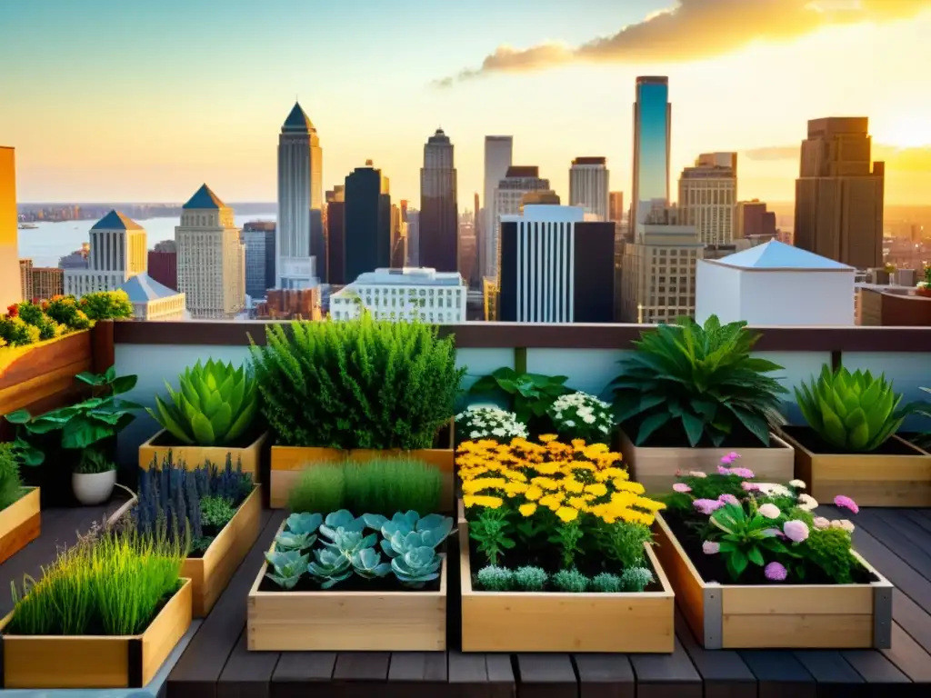 Un jardín en la azotea urbana con una mezcla de plantas en plena floración