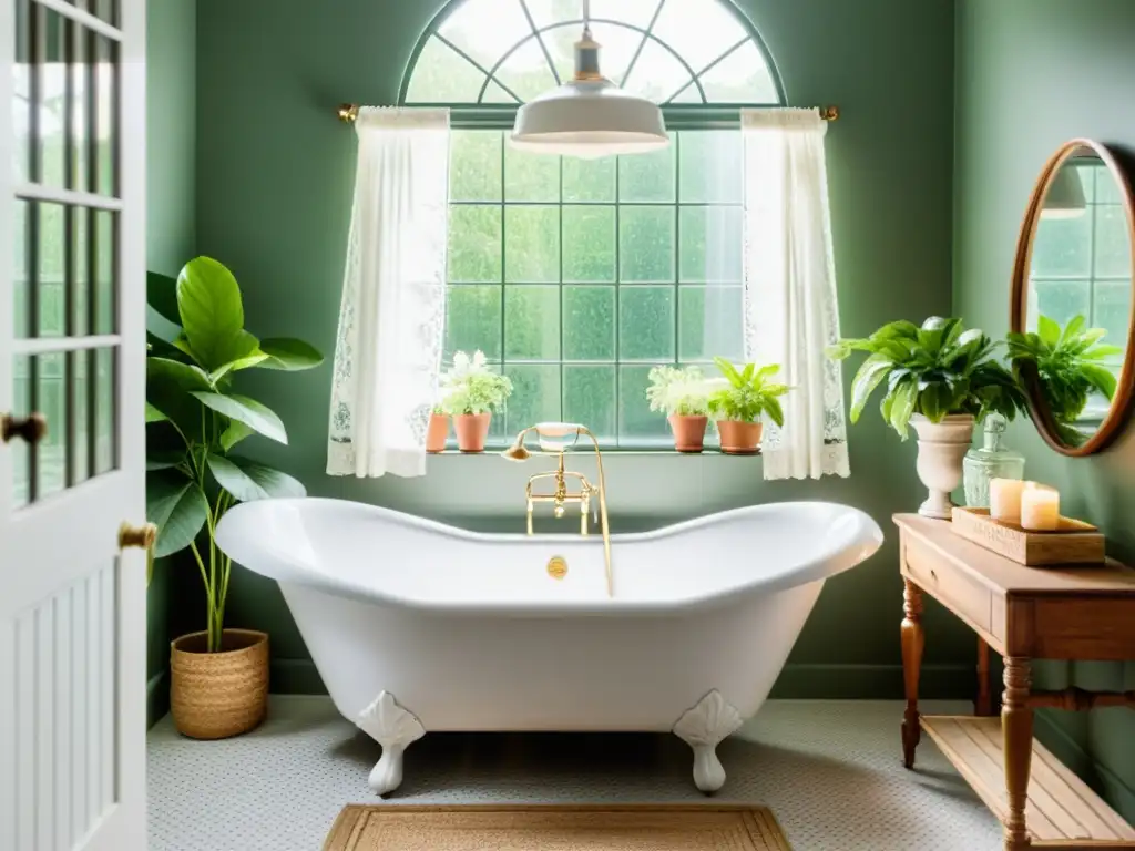 Baño vintage con bañera y plantas, ventana con cortinas de encaje y elementos de diseño spa