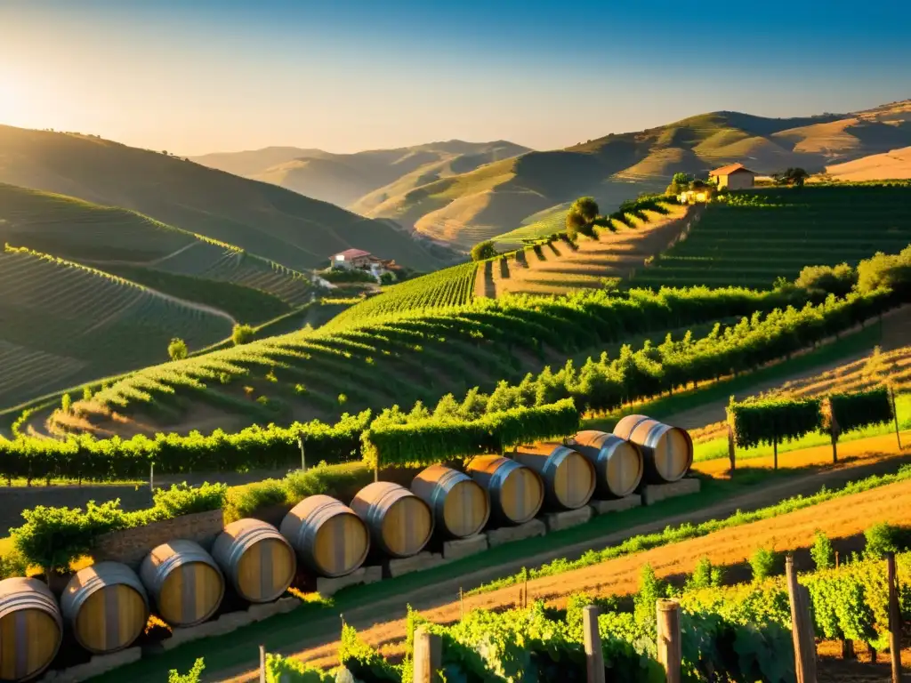 Dormir en barril vino Quinta Pacheca: Atardecer dorado sobre viñedo, barriles convertidos en alojamiento rodeados de naturaleza y encanto rústico