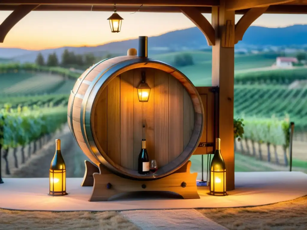 Dormir en barril vino Quinta Pacheca: Un barril de vino restaurado con detalles tallados, en un viñedo al atardecer