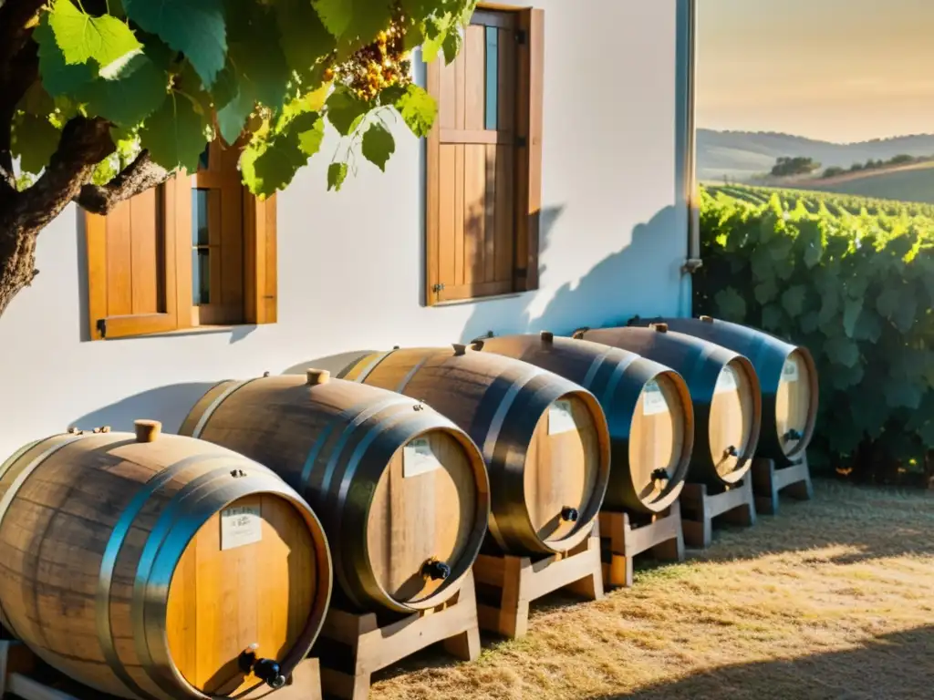 Dormir en barril vino Quinta Pacheca: Imagen vintage inspiradora de barriles de vino entre viñedos bañados por cálida luz dorada en Portugal