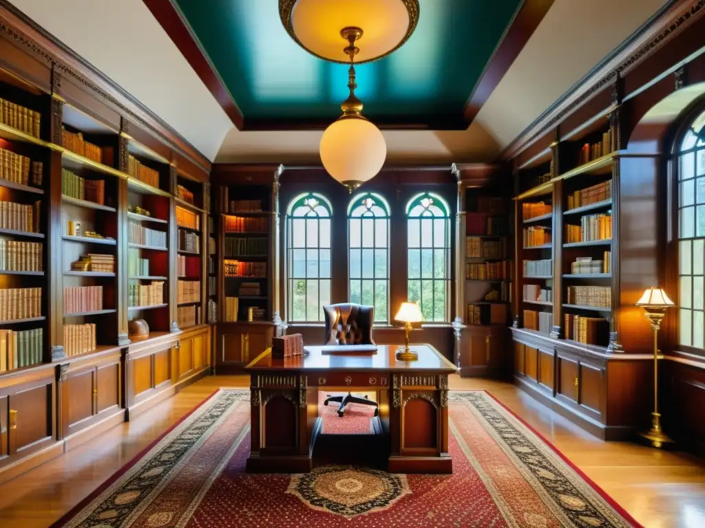 Una biblioteca victoriana lujosa con muebles inteligentes tendencia diseño interior, libros antiguos y luz natural cálida