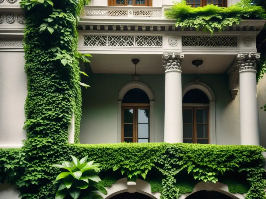 Diseño biofílico en arquitectura histórica: Fotografía en blanco y negro de un edificio histórico con elementos naturales y vegetación que evocan armonía atemporal