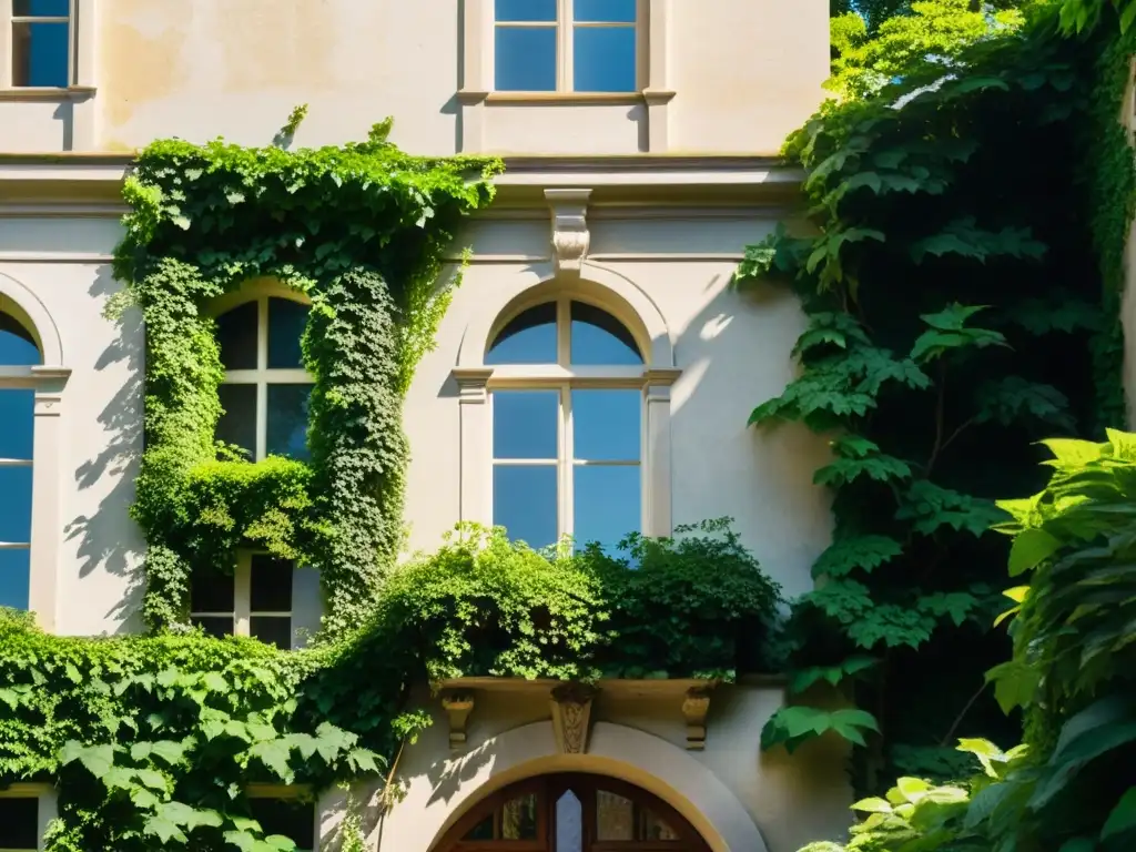 Diseño biofílico en arquitectura histórica: Fotografía de alta resolución de un edificio histórico rodeado de exuberante vegetación, con detalles arquitectónicos y plantas vibrantes