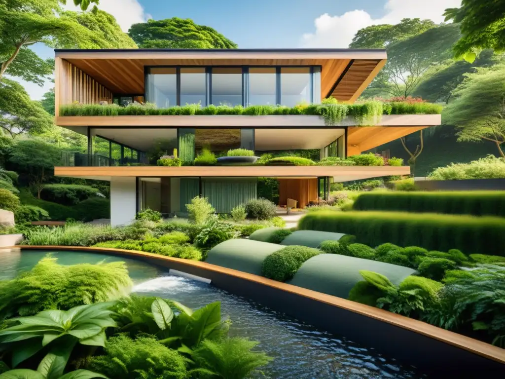 Diseño biofílico ejemplos arquitectura: Edificio sostenible integrado con naturaleza, jardín en la azotea y cascada