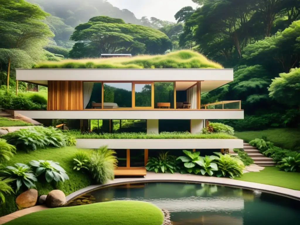 Diseño biofílico ejemplos arquitectura: Edificio sostenible entre naturaleza exuberante, con ventanales y detalles naturales