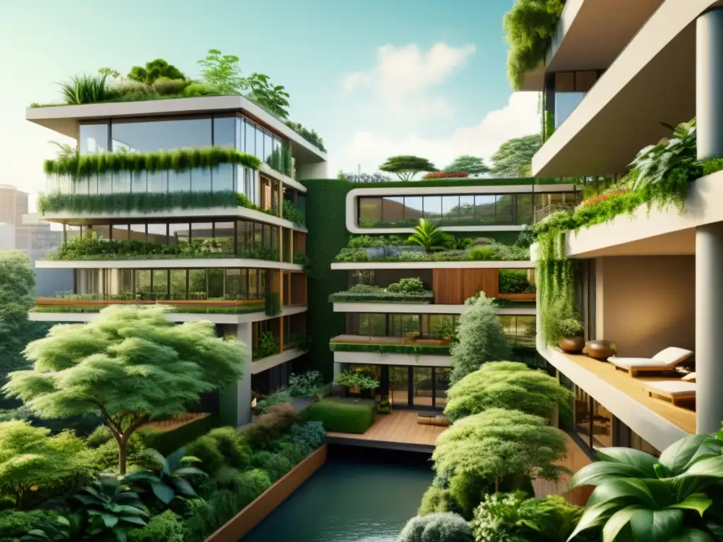 Diseño biofílico en arquitectura: ilustración vintage de edificio urbano integrado con exuberante vegetación, armonizando naturaleza y construcción