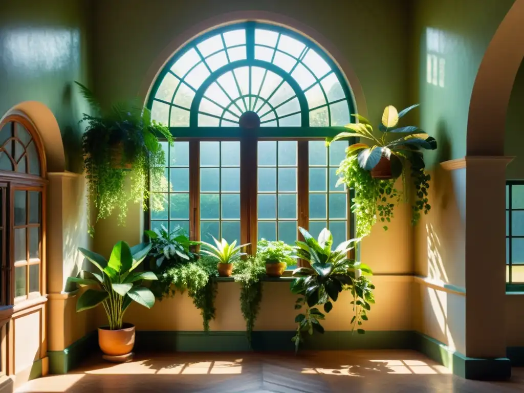 Diseño biofílico en arquitectura histórica: Interior histórico con plantas verdes integradas, luz solar y sombras cálidas