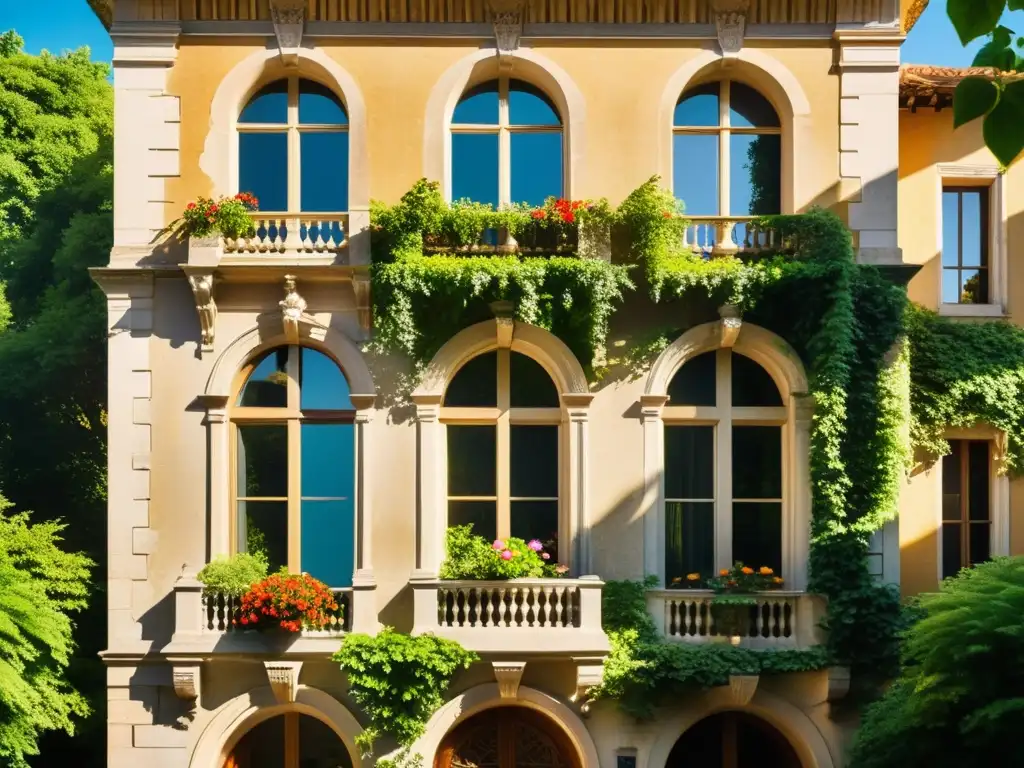 Diseño biofílico en arquitectura histórica: Majestuoso edificio histórico rodeado de exuberante vegetación y flores, con luz solar filtrándose entre las hojas y sombras en la fachada de piedra