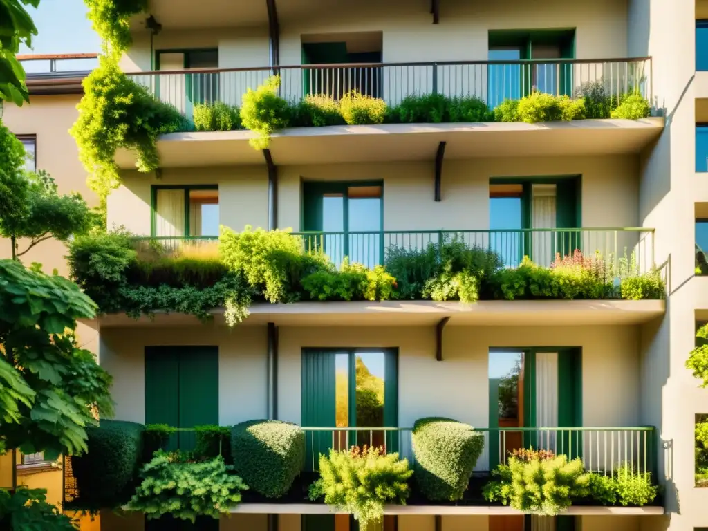 Diseño biofílico en arquitectura urbana: Edificio urbano vintage con balcones cubiertos de vegetación y jardines en la azotea, bañado por la luz del sol entre los árboles