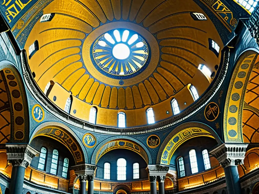 Innovación en bóvedas bizantinas: una imagen vintage de la majestuosa cúpula de Hagia Sophia, resaltando sus detalles y juegos de luz y sombra en los mosaicos