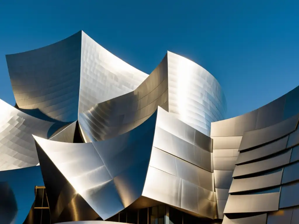 Una fotografía en blanco y negro del icónico Walt Disney Concert Hall en Los Ángeles, exhibiendo su arquitectura deconstructivista con superficies curvas y metálicas que reflejan el paisaje urbano circundante