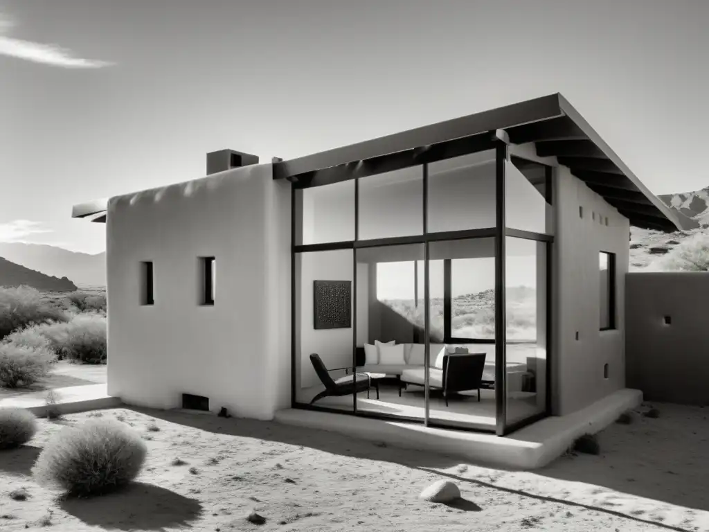 Una fotografía en blanco y negro de una antigua casa de adobe con una gran pared de vidrio orientada al sur, mostrando una pared Trombe en acción