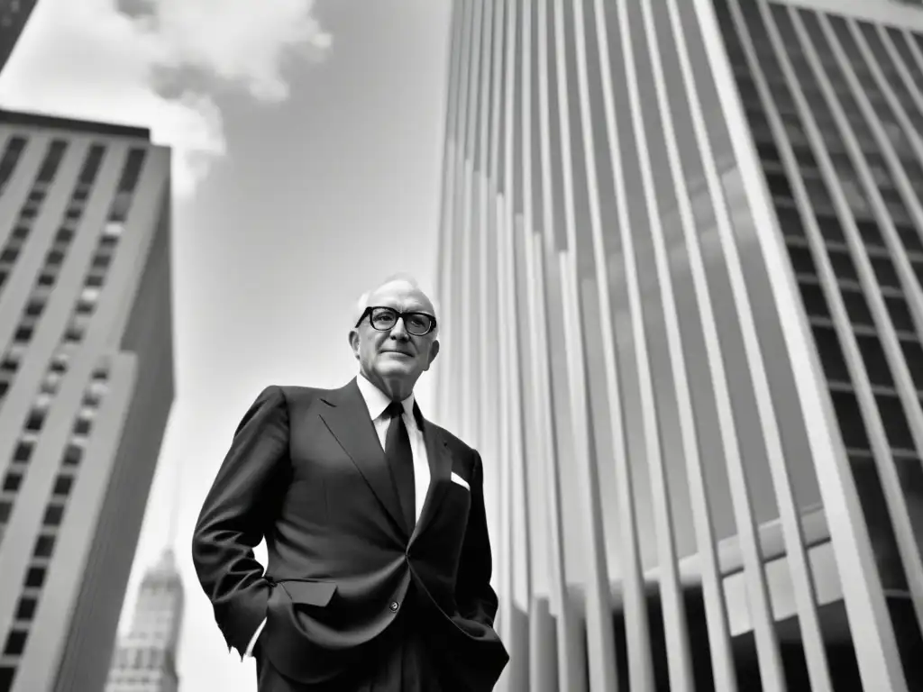 Una fotografía en blanco y negro muestra al arquitecto Philip Johnson frente al icónico edificio AT&T en Nueva York