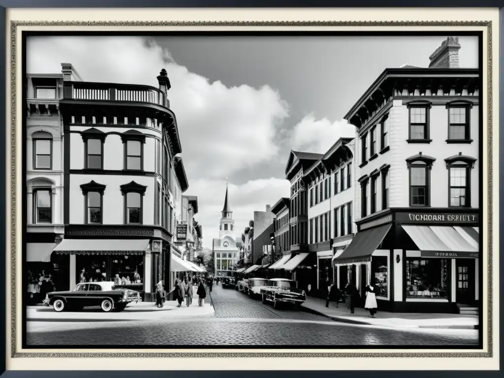 Una fotografía en blanco y negro de un barrio histórico con edificios victorianos ornamentados, calles empedradas y personas vestidas de época