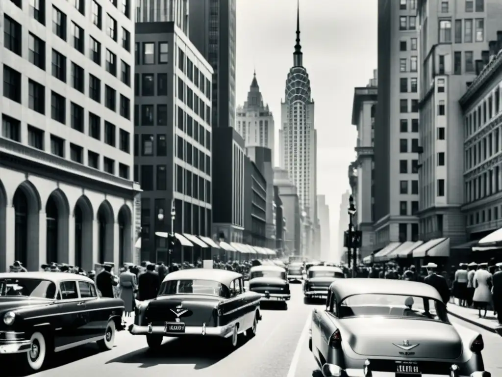 Una fotografía en blanco y negro de una bulliciosa calle de la ciudad con edificios modernistas contrastando con la arquitectura histórica