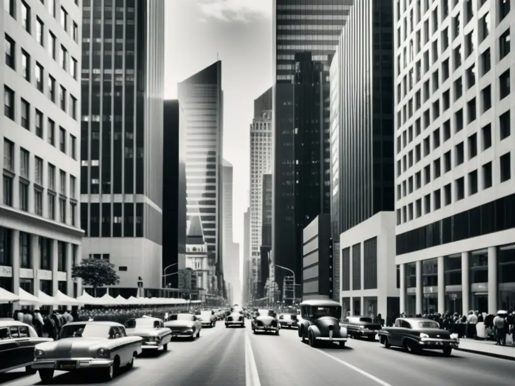 Una fotografía en blanco y negro de una bulliciosa calle de la ciudad con rascacielos modernos y edificios históricos