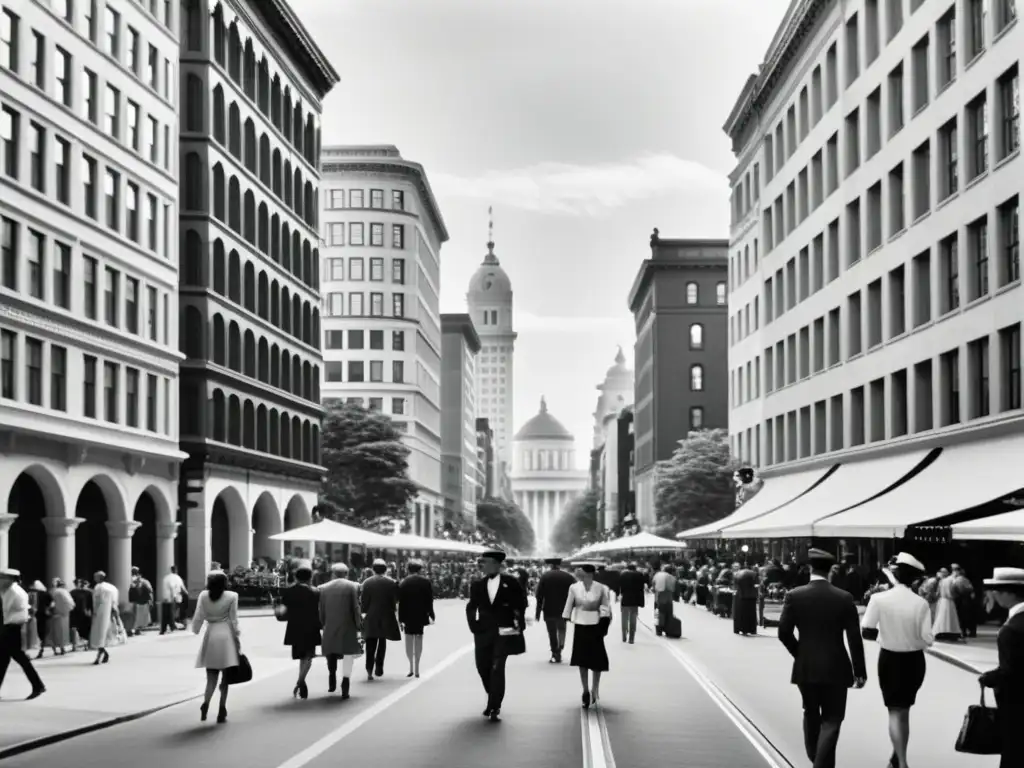 Una fotografía en blanco y negro de una bulliciosa calle de la ciudad, mostrando el equilibrio entre densidad urbana y calidad de vida