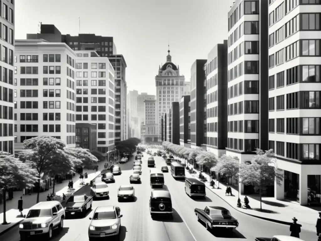 Una fotografía en blanco y negro de una bulliciosa calle de la ciudad, integrando viviendas asequibles en el diseño urbano junto a lujosos edificios