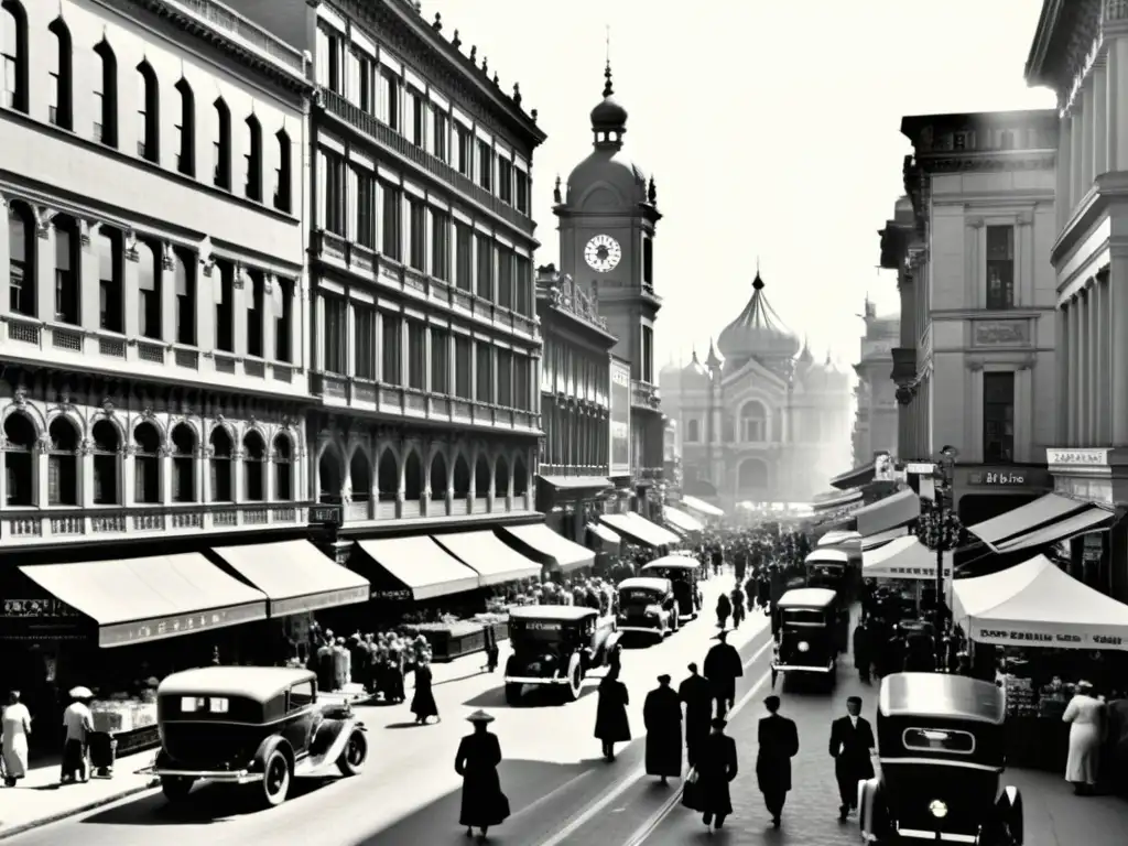 Una fotografía vintage en blanco y negro de una bulliciosa calle de la ciudad, con diversos estilos arquitectónicos y gente de distintas procedencias