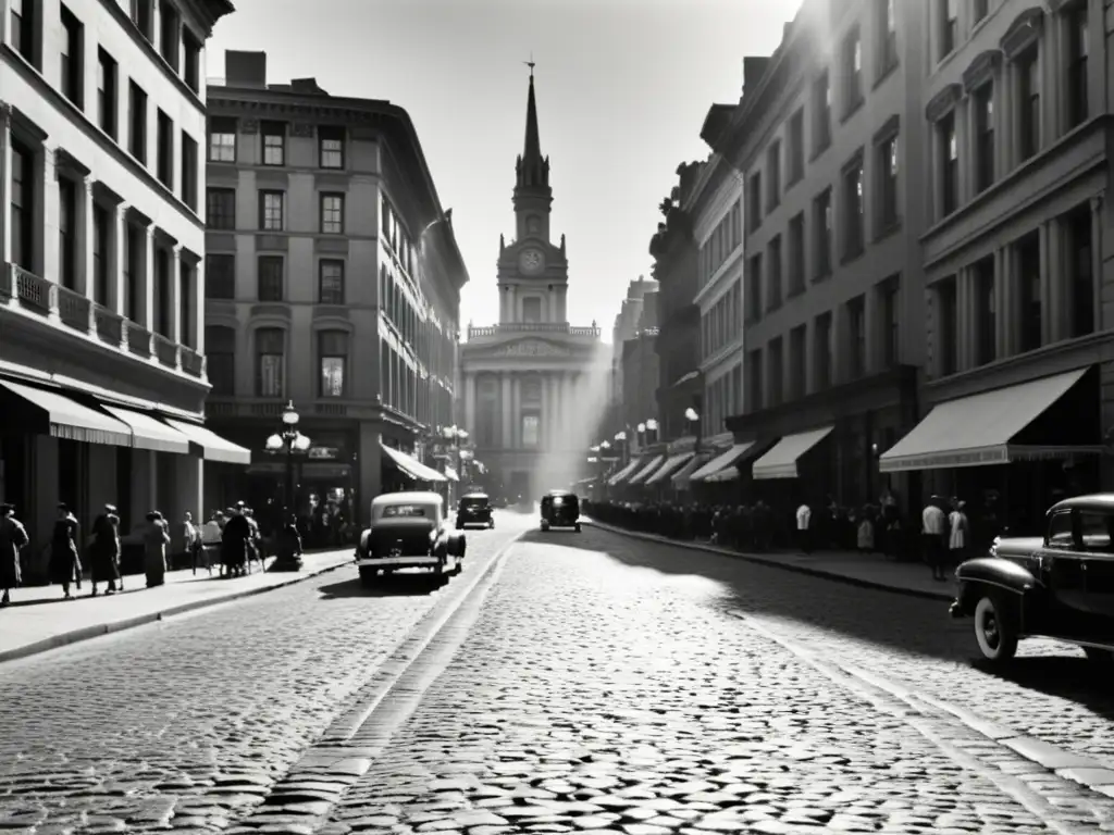 Una fotografía vintage en blanco y negro de una bulliciosa calle de la ciudad, con edificios históricos y detalles arquitectónicos