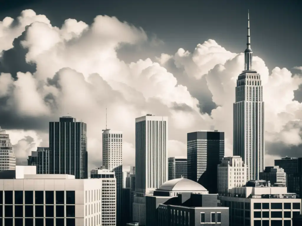 Una fotografía en blanco y negro de un bullicioso horizonte urbano, con rascacielos imponentes que alcanzan las nubes