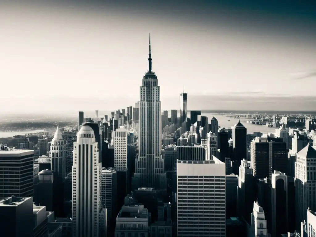 Una fotografía en blanco y negro de un bullicioso skyline urbano, resaltando un rascacielos lujoso que contrasta con la arquitectura histórica