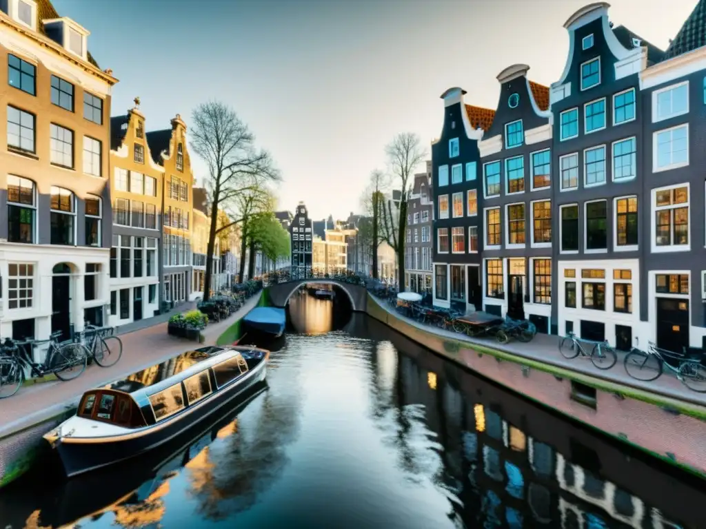 Canal histórico de Ámsterdam: belleza atemporal Ingeniería histórica de Ámsterdam: Foto en blanco y negro de los canales, reflejando la belleza arquitectónica y la ingeniería de la ciudad