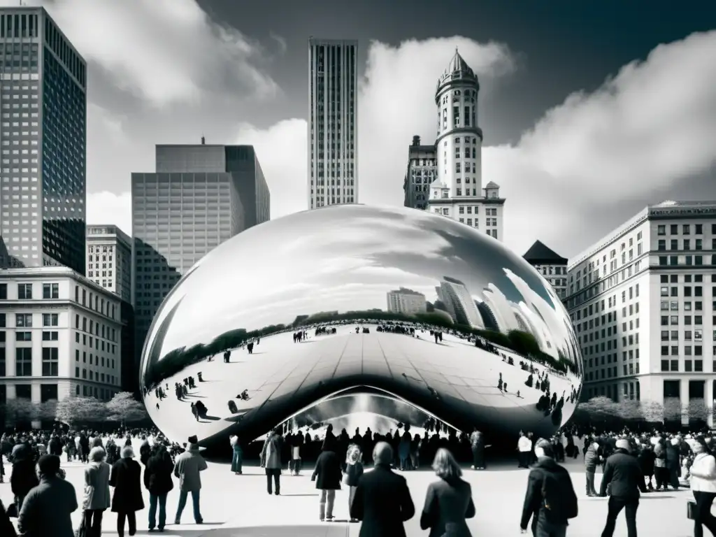 Una fotografía en blanco y negro de la icónica escultura Cloud Gate, conocida como 'The Bean', rodeada de gente en el Parque Millennium