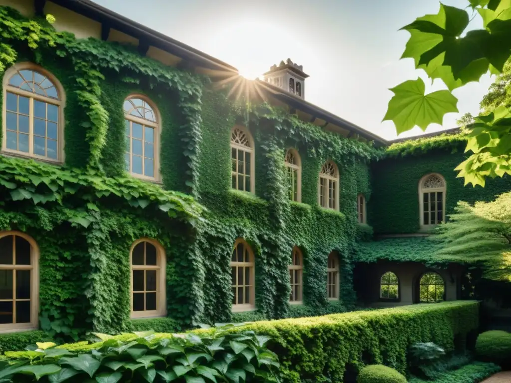 Una fotografía en blanco y negro de un edificio histórico rodeado de exuberante vegetación, mostrando la armonía entre la arquitectura tradicional y la naturaleza