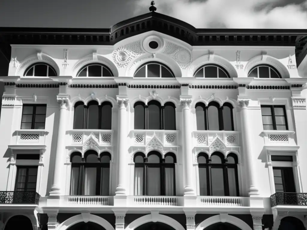 Una fotografía en blanco y negro de un edificio histórico con detalles arquitectónicos intrincados, integración de arte en arquitectura moderna