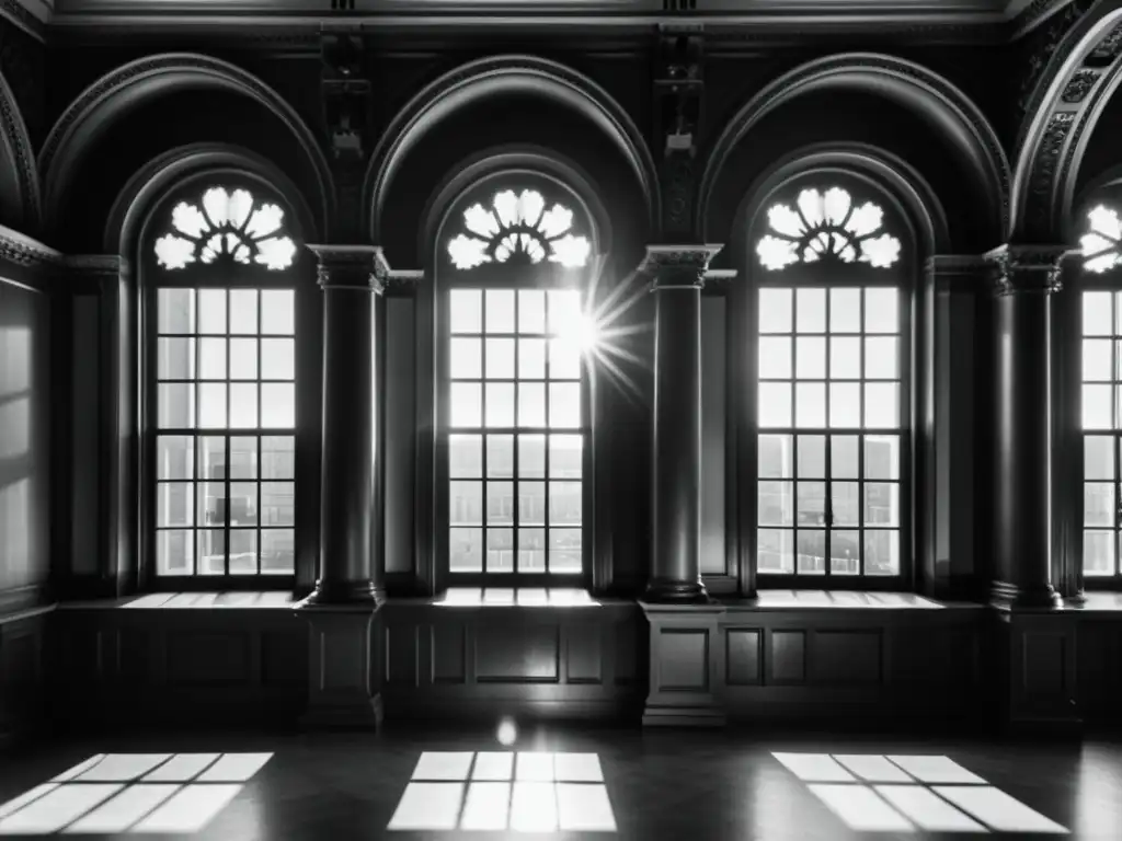 Una fotografía en blanco y negro de un edificio histórico con grandes ventanales ornamentados