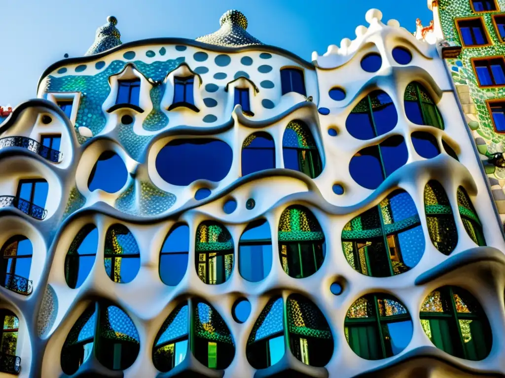 Una fotografía en blanco y negro de la fachada de Casa Batlló, con sus curvas ondulantes y mosaicos