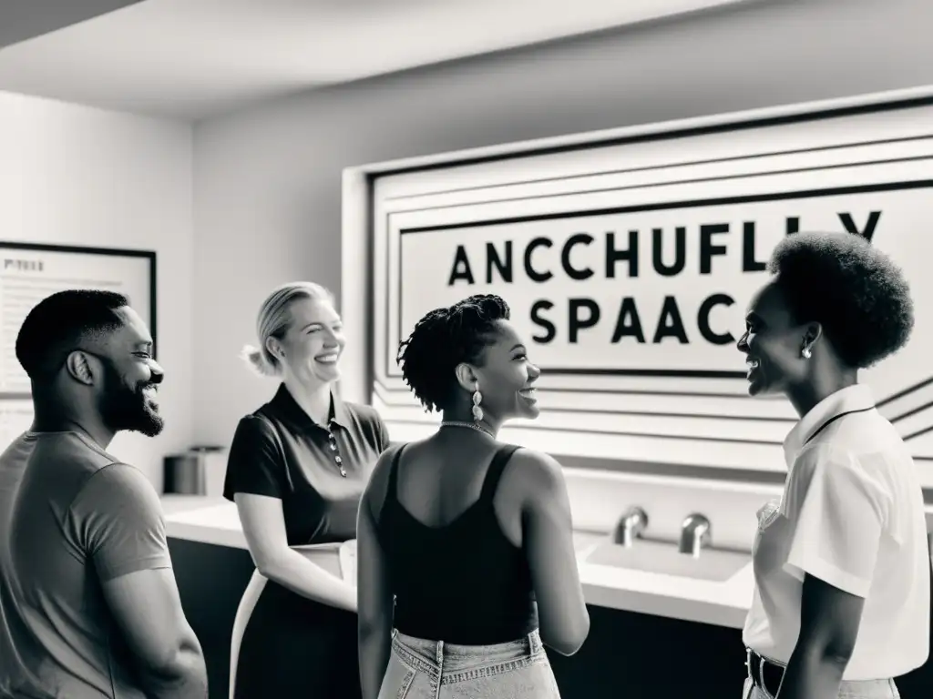 Una fotografía en blanco y negro de un grupo diverso reunido en un espacio inclusivo y bellamente diseñado, con signos de baño no binarios