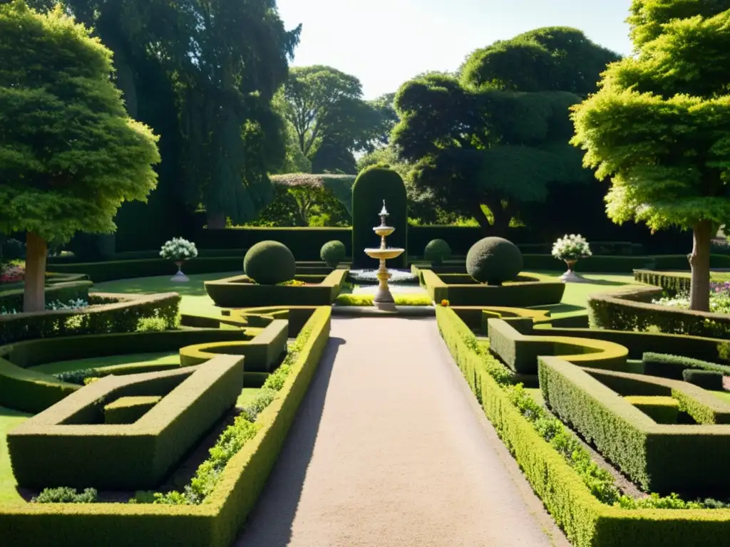 Una fotografía en blanco y negro de un jardín histórico con fuentes ornamentales, setos cuidados y flores en flor