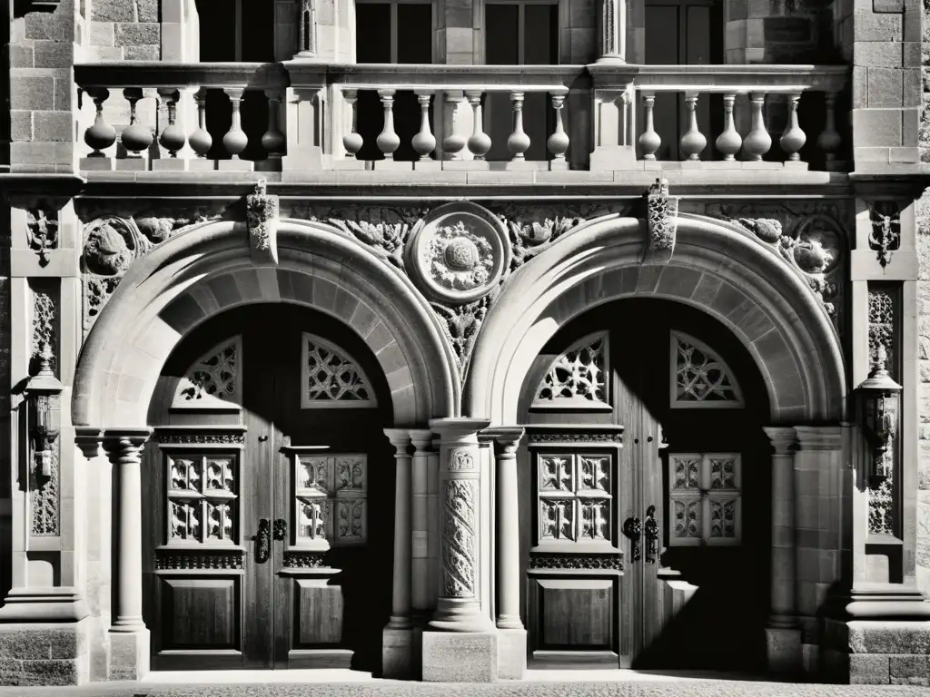 Una fotografía en blanco y negro de alta resolución del histórico Parador de Santiago de Compostela en España, resaltando los detalles arquitectónicos