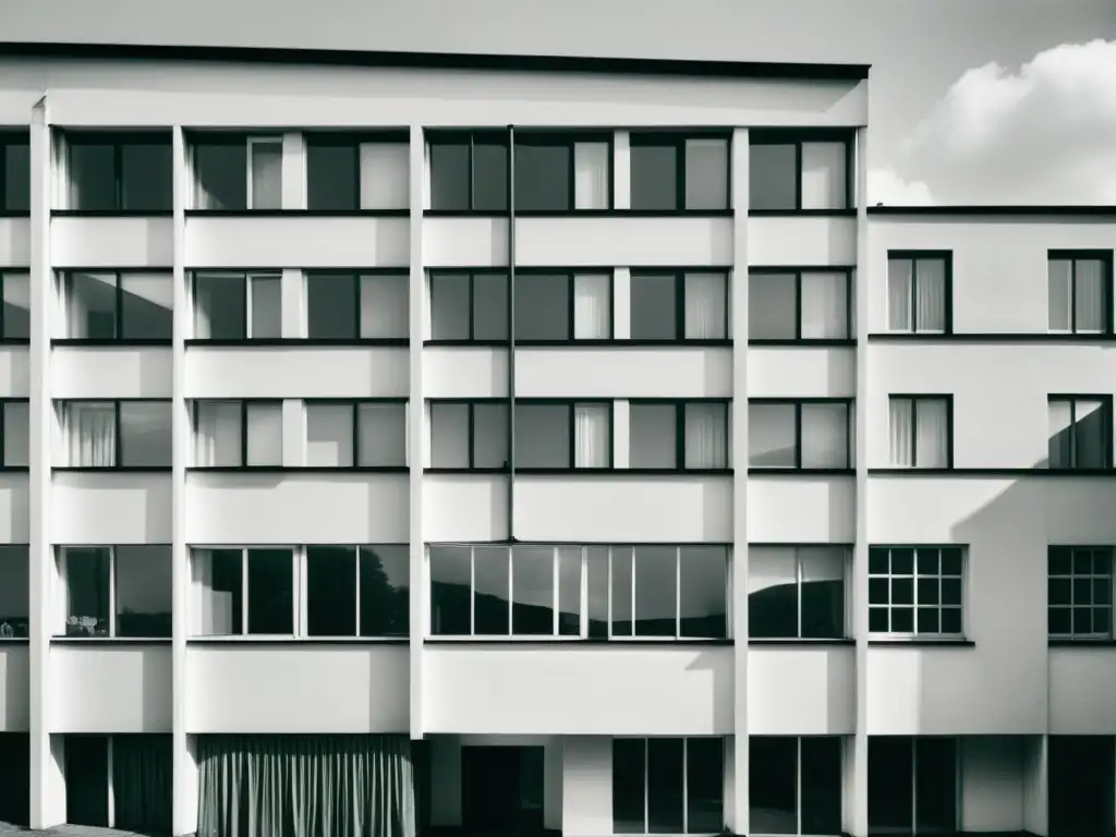 Fotografía en blanco y negro del icónico edificio Bauhaus en Berlín, con su diseño modernista y juego de luces y sombras, evocando la historia y la arquitectura modernista de Berlín