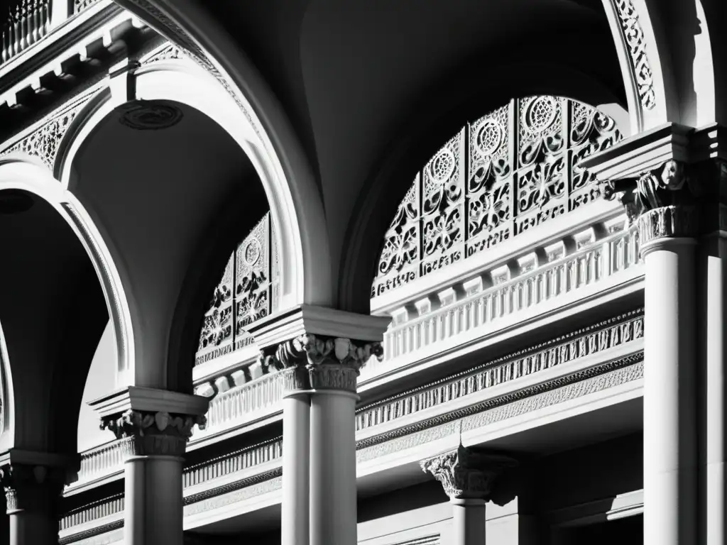 Una fotografía en blanco y negro de un impresionante edificio histórico, resaltando la importancia de la iluminación en la arquitectura