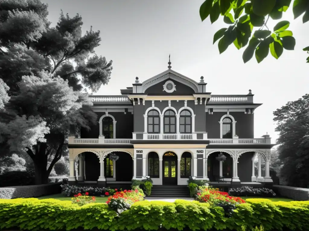 Una fotografía en blanco y negro de un majestuoso edificio histórico rodeado de exuberante vegetación y flores coloridas