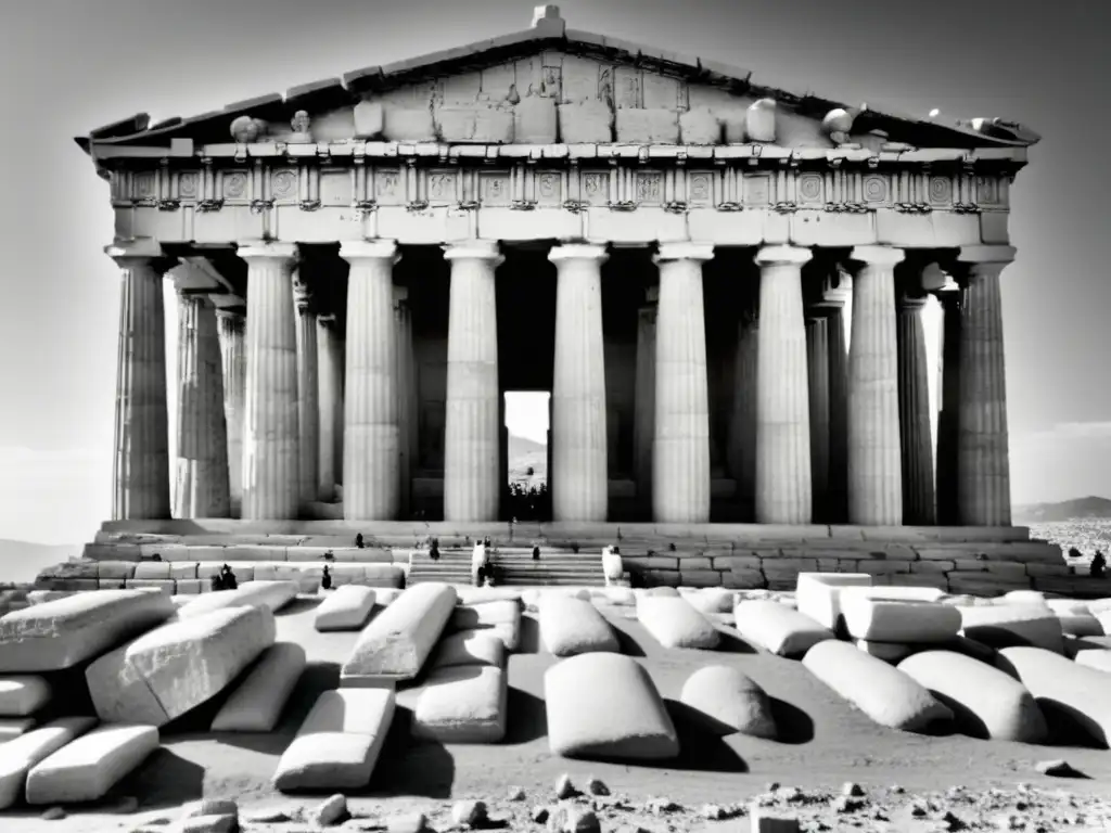 Una fotografía en blanco y negro del Partenón en Atenas, Grecia, muestra su diseño simétrico y detalles arquitectónicos