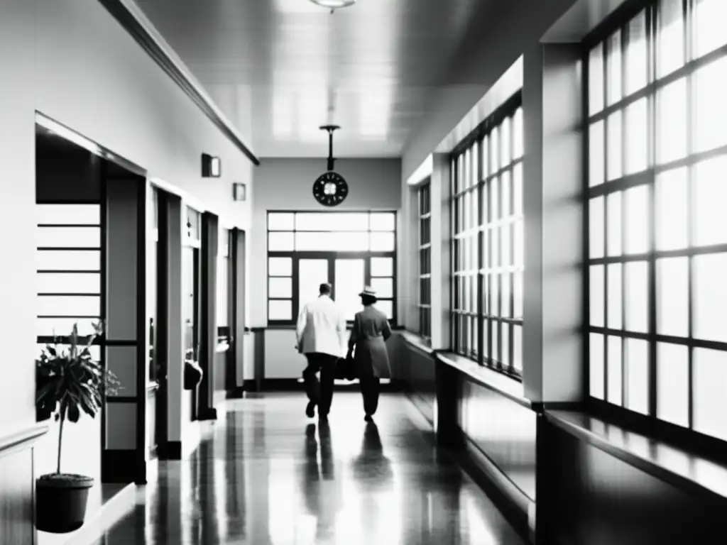 Hall del hospital vintage: eficiencia y calma en el diseño Una fotografía en blanco y negro muestra un pasillo hospitalario vintage con grandes ventanas, plantas y detalles arquitectónicos