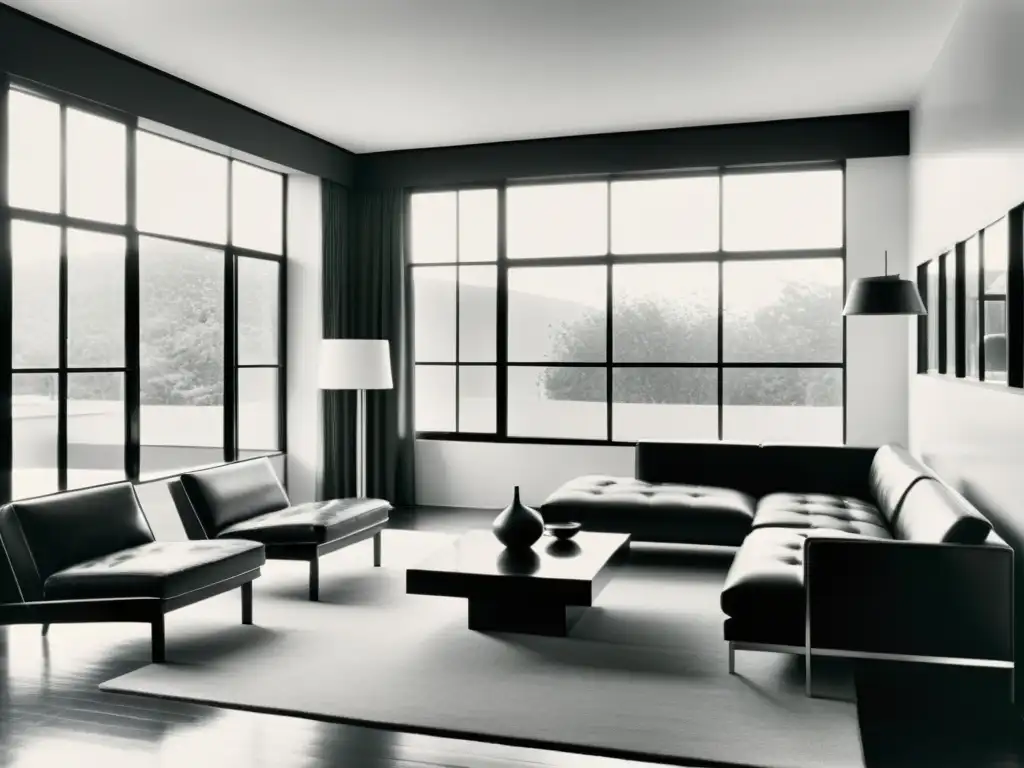 Una fotografía en blanco y negro de una sala de estar de estilo Bauhaus, con líneas limpias, muebles minimalistas y patrones geométricos